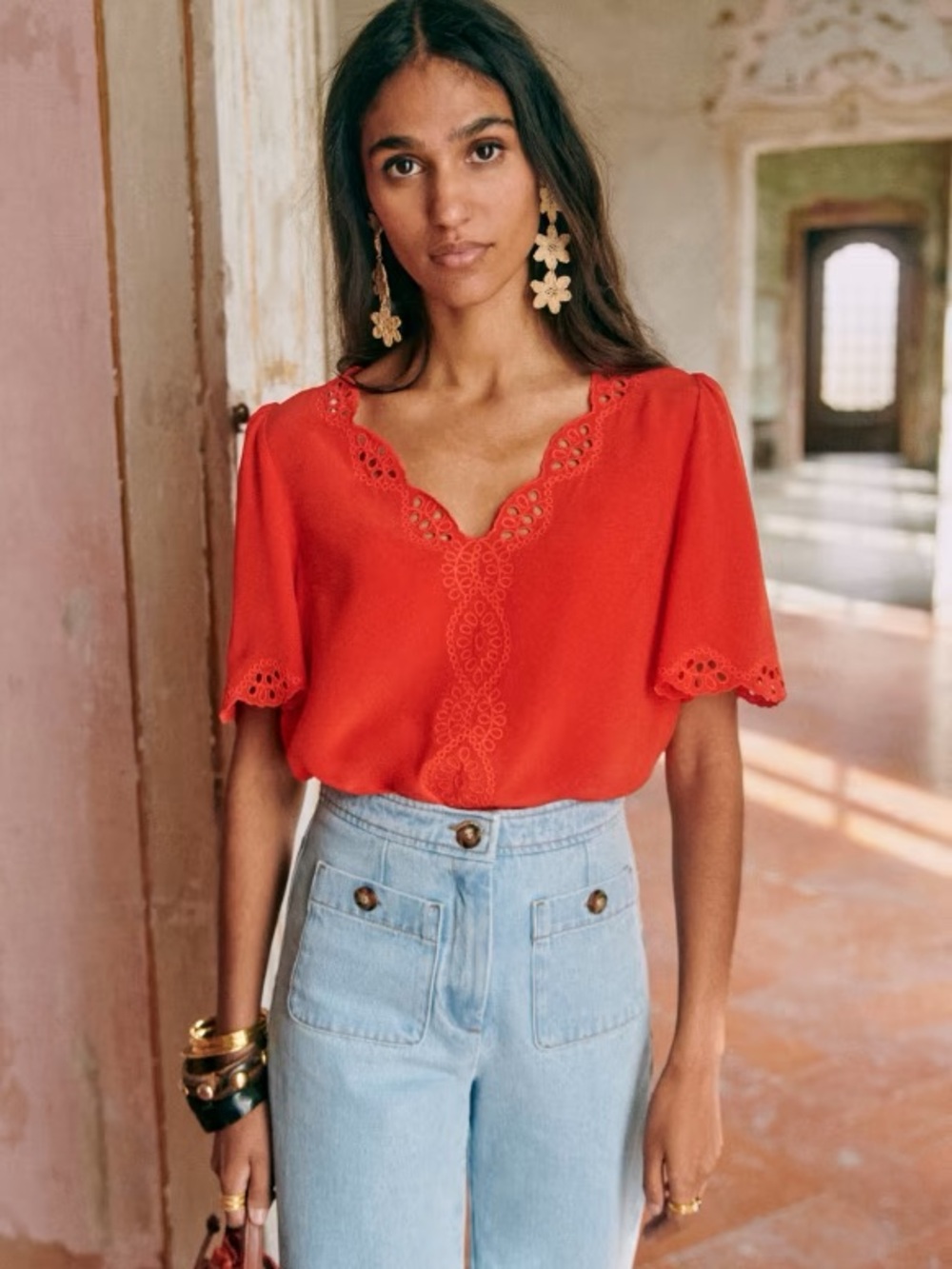 Sezane Eyelet 100% Silk Blouse Size 38 (6)